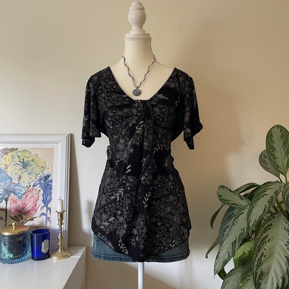Y2K Paisley Milkmaid Blouse Womens Sz L Black Whimsigoth Witchy DarkFairycore